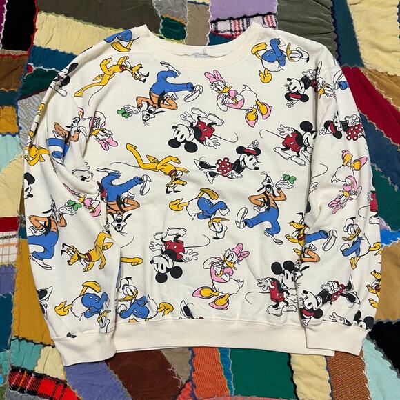 Vintage Disney Mickey Goofy Donald Duck Minnie AOP Crewneck Large - Picture 1 of 5